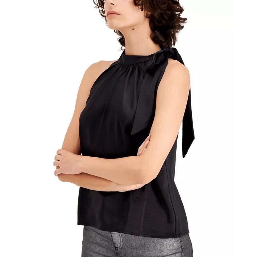 I.N.C International Concepts Women's Satin Bow Top - Deep Black M